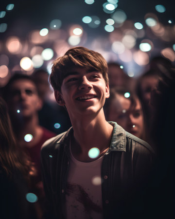 Portrait of a young man in the crowd at a music festivalの素材