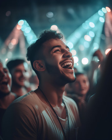 Portrait of a happy young man dancing at a music festival.の素材