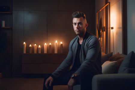 Portrait of a handsome young man at home. Men's beauty, fashion.の素材