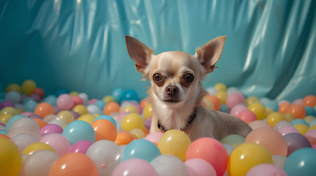 Cute chihuahua dog with colorful balloons on blue backgroundの素材