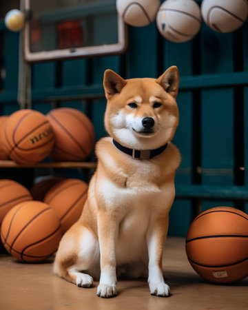 Shiba inu dog with basket of basketballs on wooden floorの素材