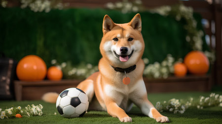 Shiba inu dog with a soccer ball on a green grassの素材