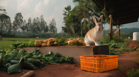 Rabbit and basket of fresh vegetables in the farm, agriculture conceptの素材