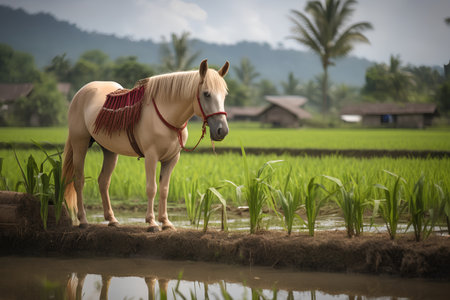 Horse in the rice field with coconut tree background, Thailand.の素材