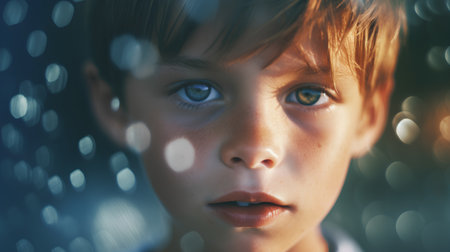 Portrait of a little boy with blue eyes looking at the cameraの素材