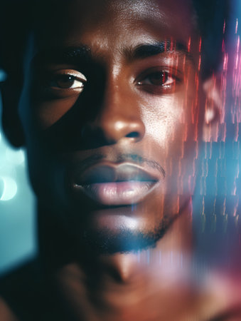 Close up portrait of a young african american man with abstract backgroundの素材
