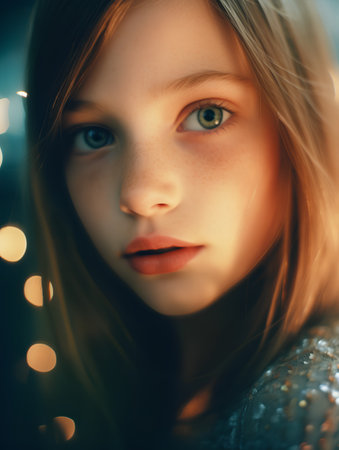 Portrait of a beautiful girl on a dark background with bokehの素材