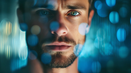 Portrait of a handsome young man with beard and mustache. Shallow depth of field.の素材