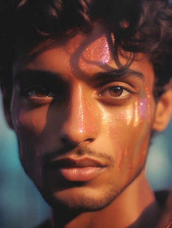 Close-up portrait of a young man with glitter on his face.の素材