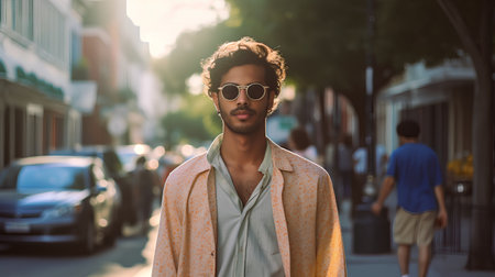 Handsome african american man in sunglasses walking in the cityの素材