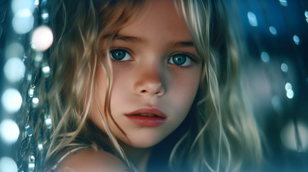 Portrait of a beautiful little girl with long hair and blue eyesの素材