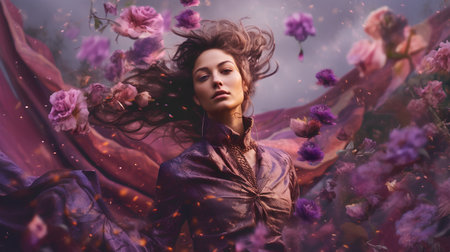 Beautiful girl with flying hair and flowers. Photo in old color image style.の素材