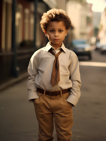 Portrait of a little boy with afro hairstyle wearing a shirt and tieの素材
