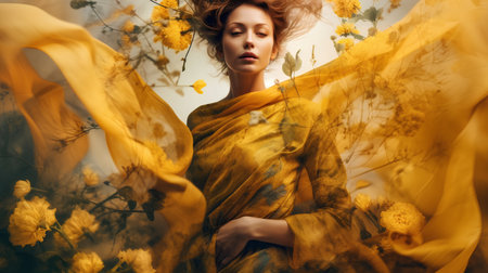 Fashion portrait of beautiful young woman in yellow dress with flowers.の素材