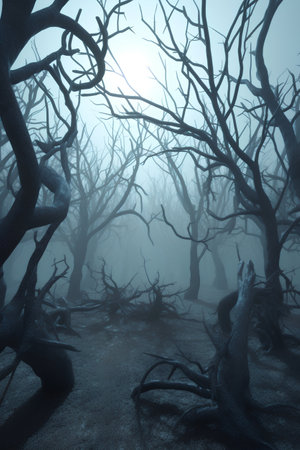 Fantasy landscape with dead trees in a foggy forest. 3d renderの素材