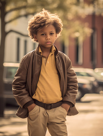 stylish african american boy posing in city street, fashion conceptの素材