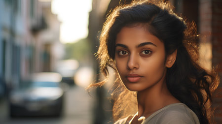 Portrait of a beautiful young woman on the street. Beauty, fashion.の素材