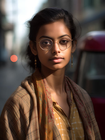 Portrait of a beautiful young Indian woman with glasses in the cityの素材