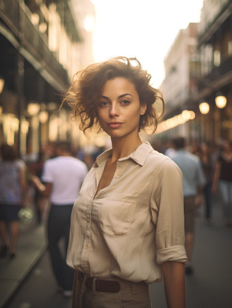 Beautiful young woman with curly hair walking in the city streets.の素材