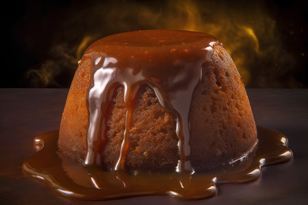 Caramel pudding with melted caramel on a dark background. 3d renderingの素材