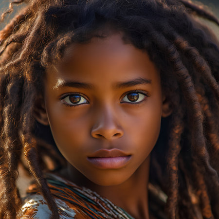 Close-up portrait of a beautiful young African woman with afro hair.の素材