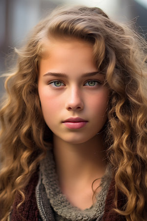 Portrait of a beautiful young girl with curly hair and green eyesの素材