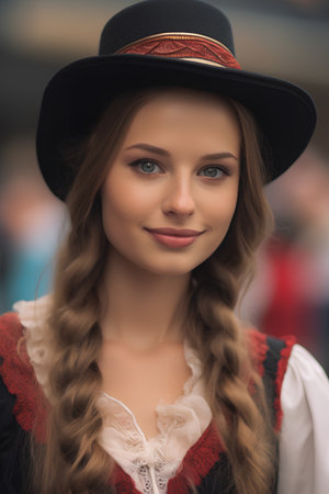 Beautiful young woman in traditional bavarian dress and hat.の素材