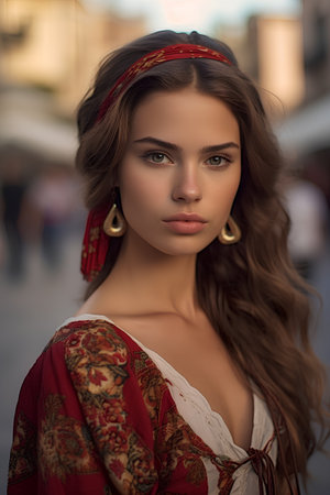 Portrait of a beautiful girl in a red dress on the streetの素材