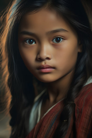 Portrait of a beautiful asian little girl with long hair.の素材