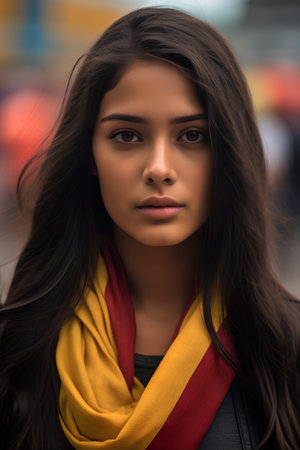 Portrait of a beautiful young brunette woman with red and yellow scarf.の素材