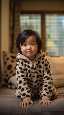 Cute asian baby girl in pajamas sitting on sofaの素材