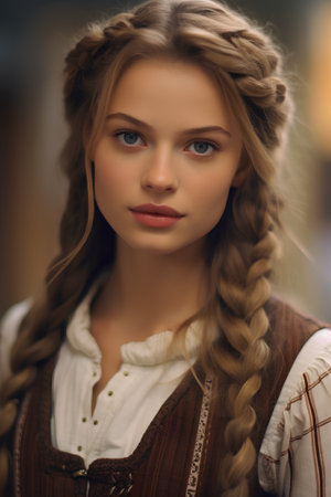 Portrait of a beautiful young woman with braids in a traditional Bavarian dress.の素材