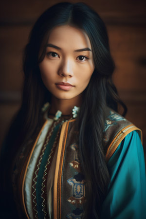 Portrait of a young beautiful asian woman in traditional costume.の素材