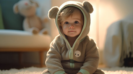 Portrait of cute baby boy in pajamas at home.の素材