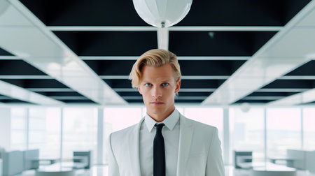 Portrait of a young businessman standing in office, looking at camera.の素材