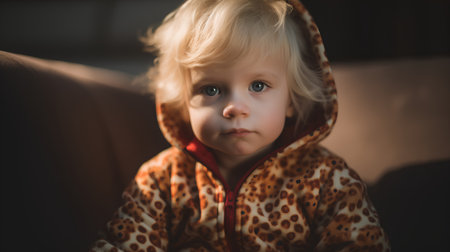 Portrait of a little girl with blond hair and blue eyes in a warm jacketの素材