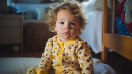 Portrait of cute little boy sitting on bed and looking at cameraの素材