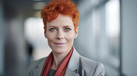 Portrait of mature businesswoman with red hair looking at camera in officeの素材