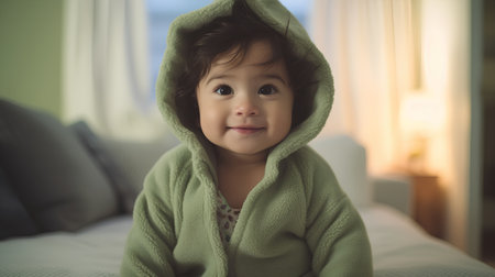 Cute little girl wearing a green hoodie while sitting on the bed at homeの素材
