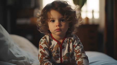 Portrait of a little girl with curly hair in pajamas.の素材