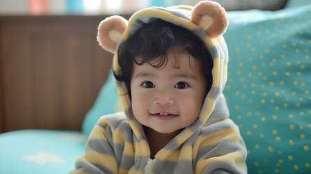 Portrait of cute asian baby girl wearing a warm blanket on the bedの素材