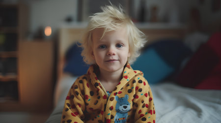 Cute little baby boy with blond hair and blue eyes wearing colorful pajamas at homeの素材
