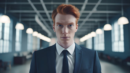 Serious redhead businessman looking at camera with serious expression in officeの素材
