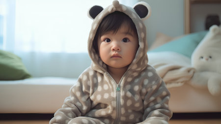 Portrait of cute asian baby girl wearing bear costume at homeの素材