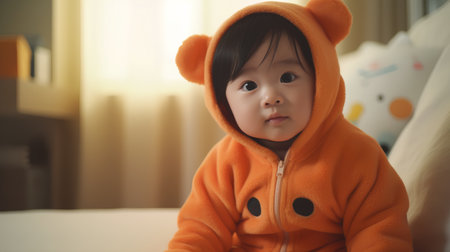 Asian baby girl in orange pajamas sitting on bed and looking at cameraの素材