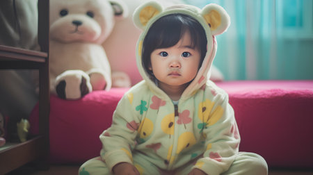 Cute asian baby girl wearing pajamas and teddy bearの素材
