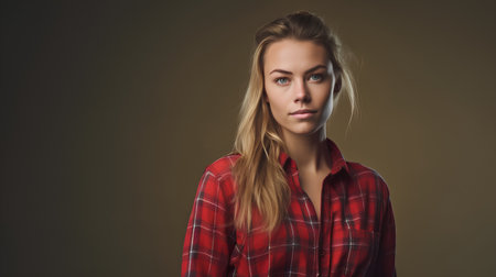 Portrait of a beautiful young woman in a red plaid shirt.の素材