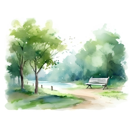Watercolor summer landscape with trees, bench and lake. Hand drawn illustrationの素材