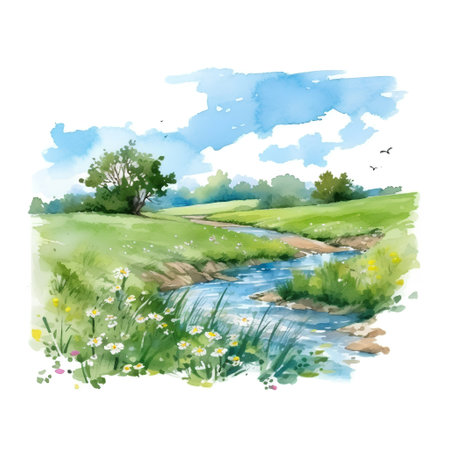 Summer landscape with river and meadow. Watercolor hand drawn illustrationの素材