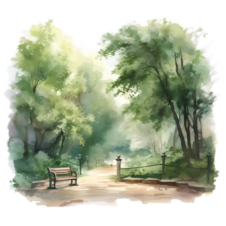 Watercolor illustration of a park with a bench and trees in the foregroundの素材
